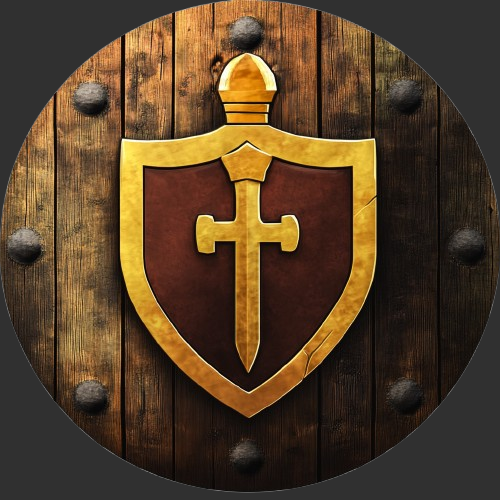 A round wooden shield with a crest in the shape of a heater shield featuring a sword pointed downward in the center.
