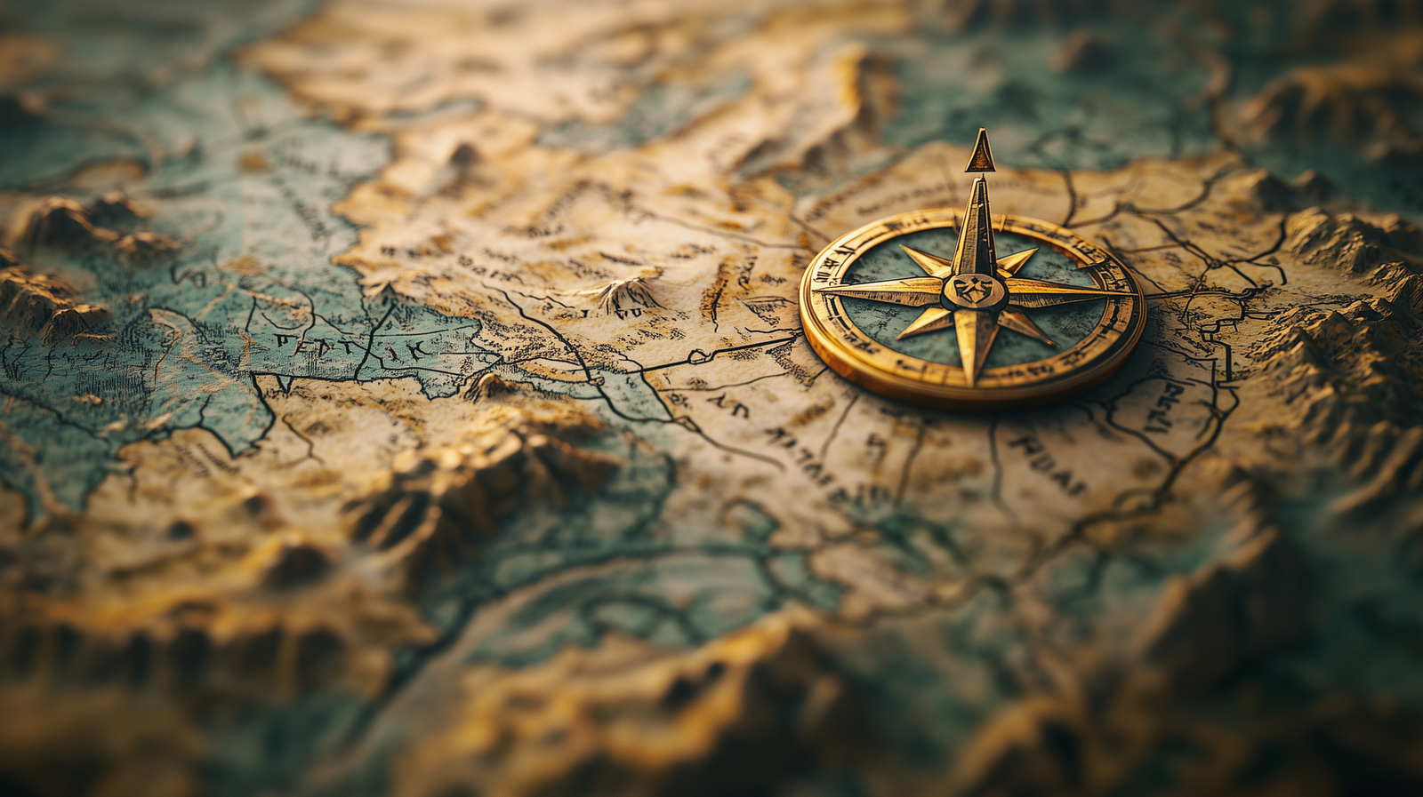 A fantasy-style, medieval map with obscured names but recognizable symbols such as trees and a compass.