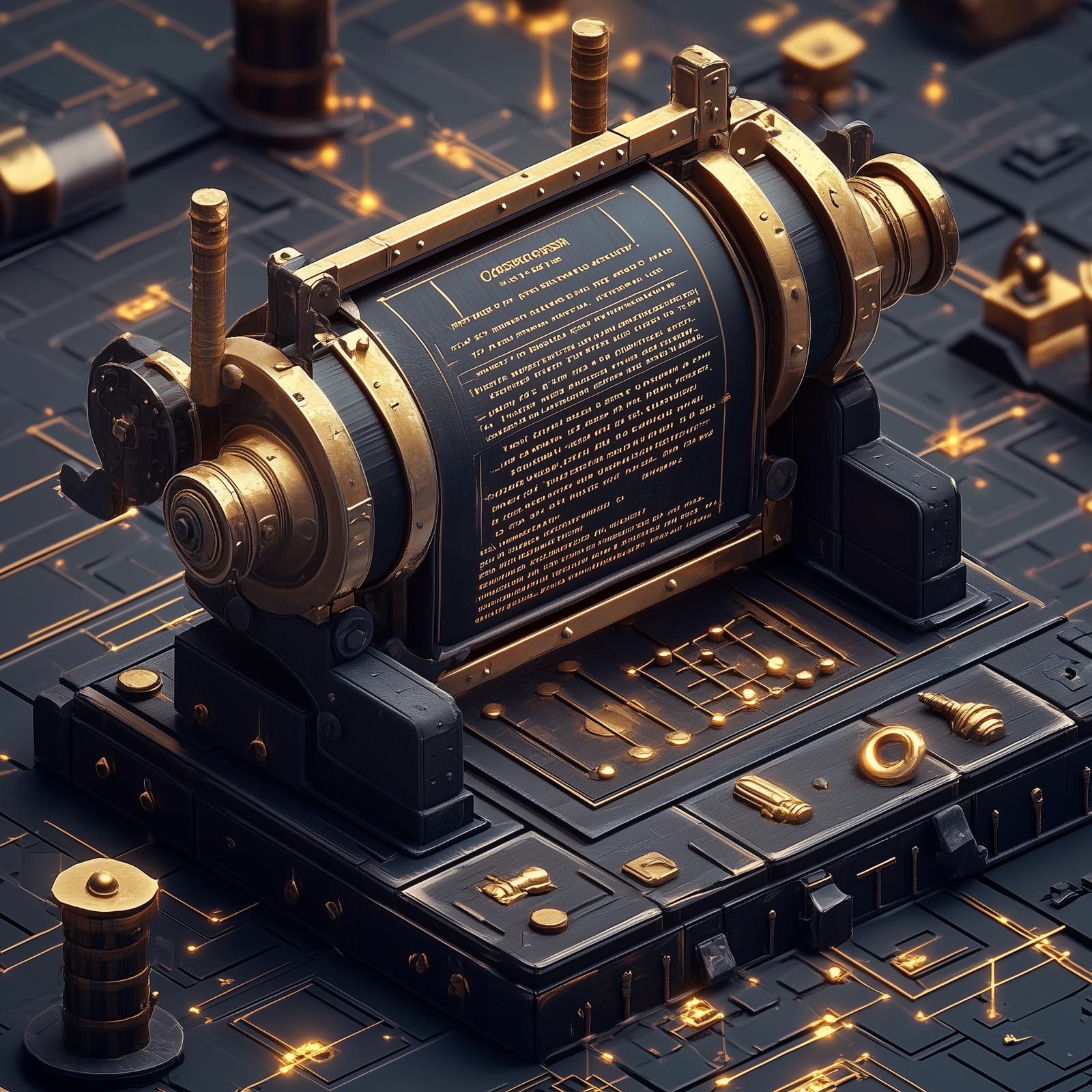 An abstract image of what might be an ancient printing press combined with circuitry of some sort.